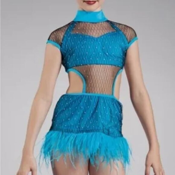Weissman Elite Rhinestone Mesh Feather Dress Costume in Blue NEW Adult Size XL - Picture 4 of 10